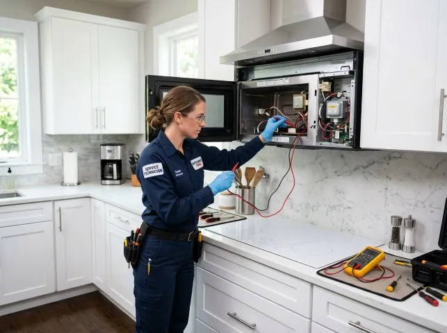 Appliance Repair Hero technician testing an over-the-range microwave in a Boiling Springs, SC kitchen