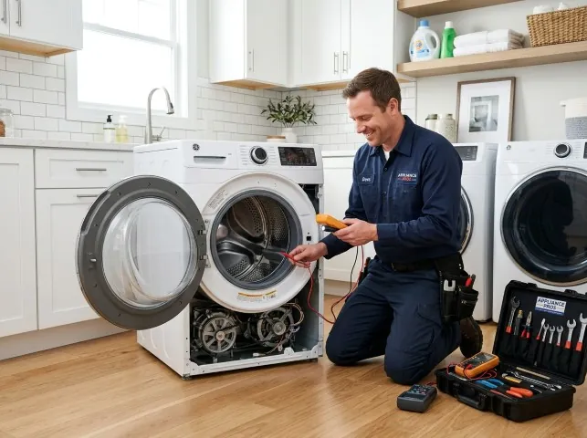 Appliance Repair Hero technician testing a front-load washer with a multimeter on a Boiling Springs, SC service call